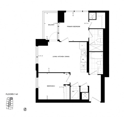 Floor plan for 2 beds, 2 baths, 744 sqft